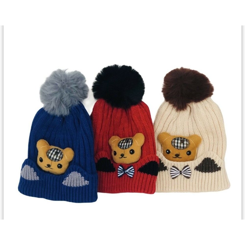 Kids Knit Beanie Pom Fleece‎ Lining Plush On Front-
